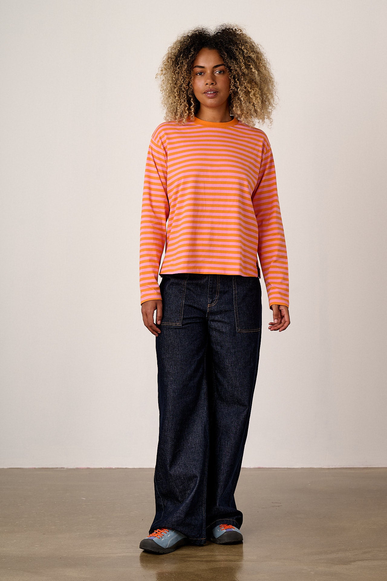 Mysen - Long Sleeve Cotton T-Shirt in Pink & Orange Stripe