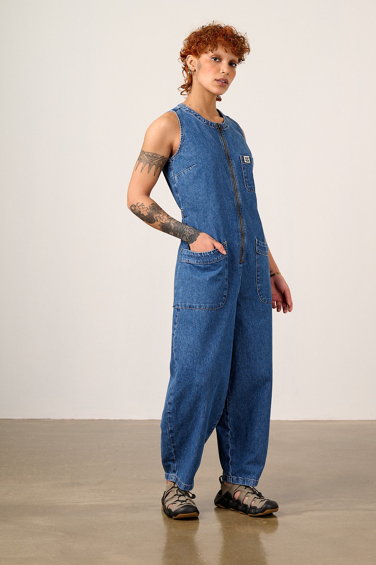 Nari - Light Weight Denim Sleeveless Jumpsuit in Mid Wash – Lucy & Yak
