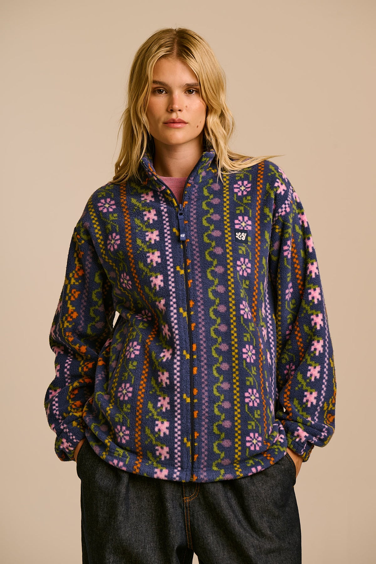 Nicks - Full Zip Polar Fleece in Navy Folk Floral
