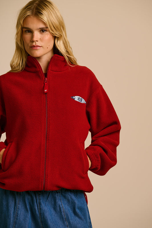 Nicks Full Zip Fleece - Recycled Polyester in Red Dahlia with Fish