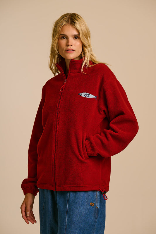 Nicks - Full Zip Polar Fleece in Red Dahlia with Fish