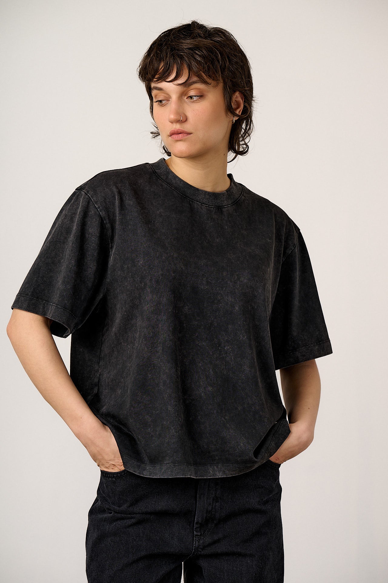 Noa - Cotton Boxy T-Shirt in Washed Black