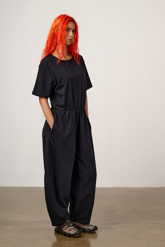 Nova - Barrel Leg Jumpsuit Organic Cotton Jersey in Black