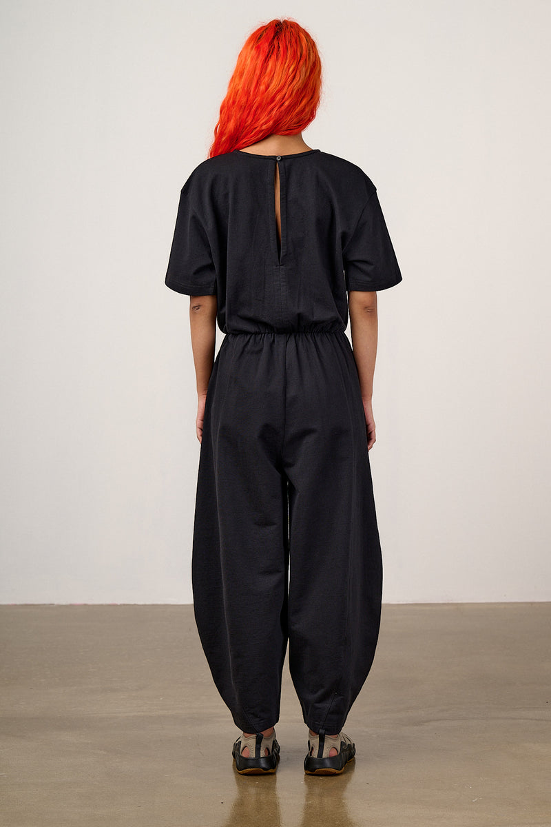 Nova - Barrel Leg Cotton Jersey Jumpsuit in Black
