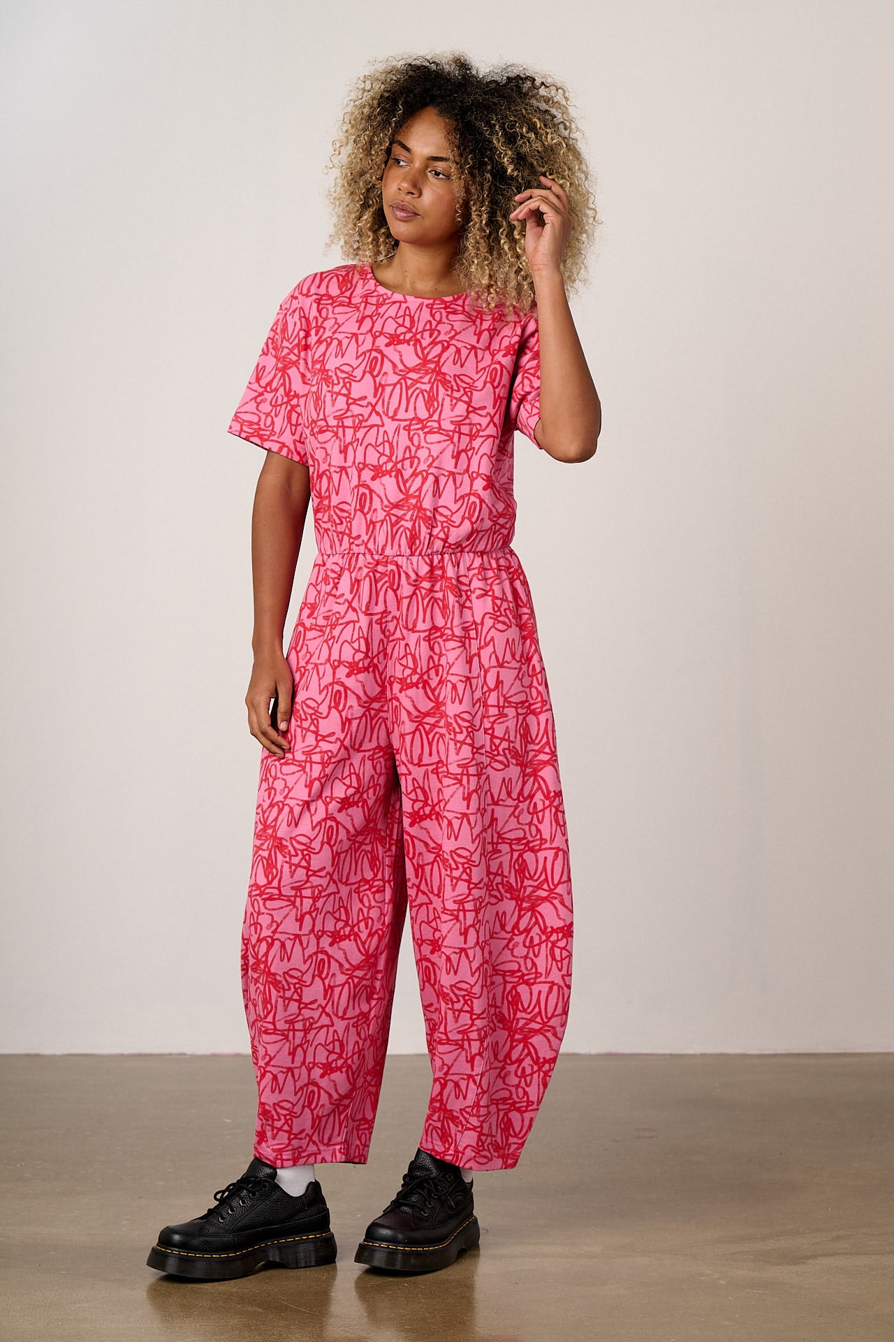 Nova - Barrel Leg Cotton Jersey Jumpsuit in Pink Graffiti