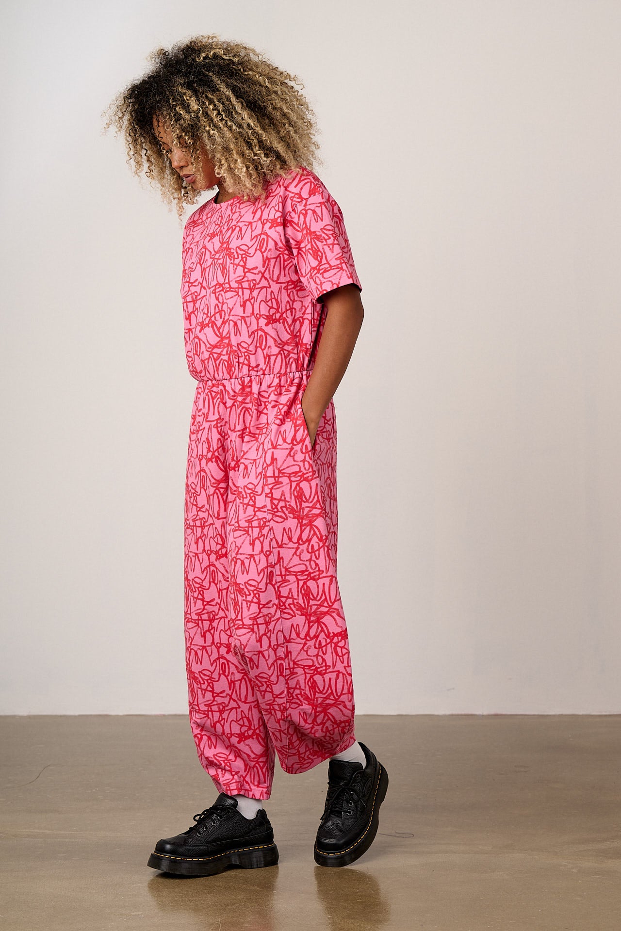 Nova - Barrel Leg Cotton Jersey Jumpsuit in Pink Graffiti