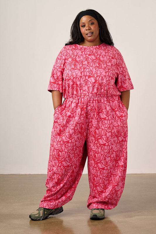 Nova - Barrel Leg Cotton Jersey Jumpsuit in Pink Graffiti