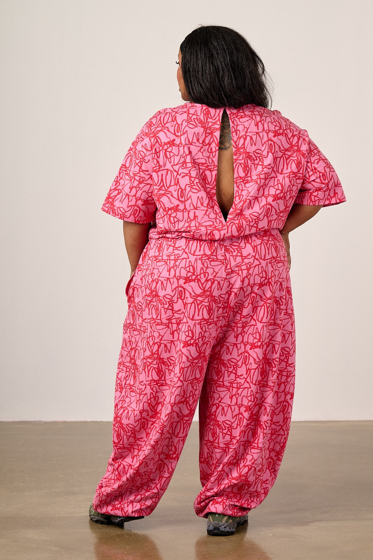 Nova - Barrel Leg Cotton Jersey Jumpsuit in Pink Graffiti
