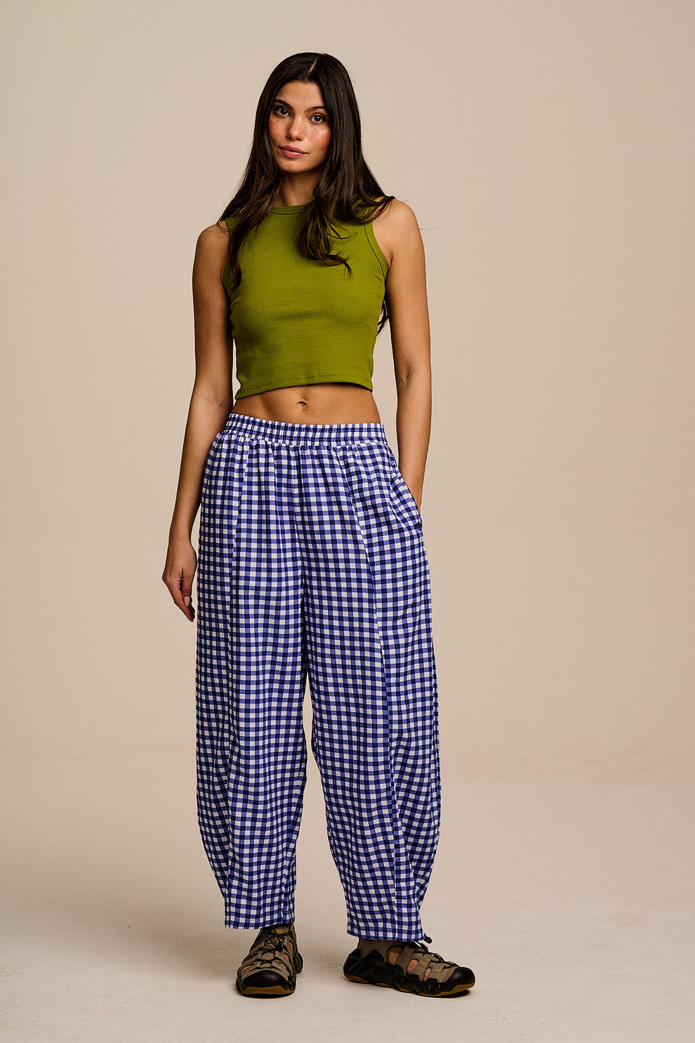 Lucy & Yak Obregon Cotton and Viscose Barrel Leg Trousers in Blue Gingham