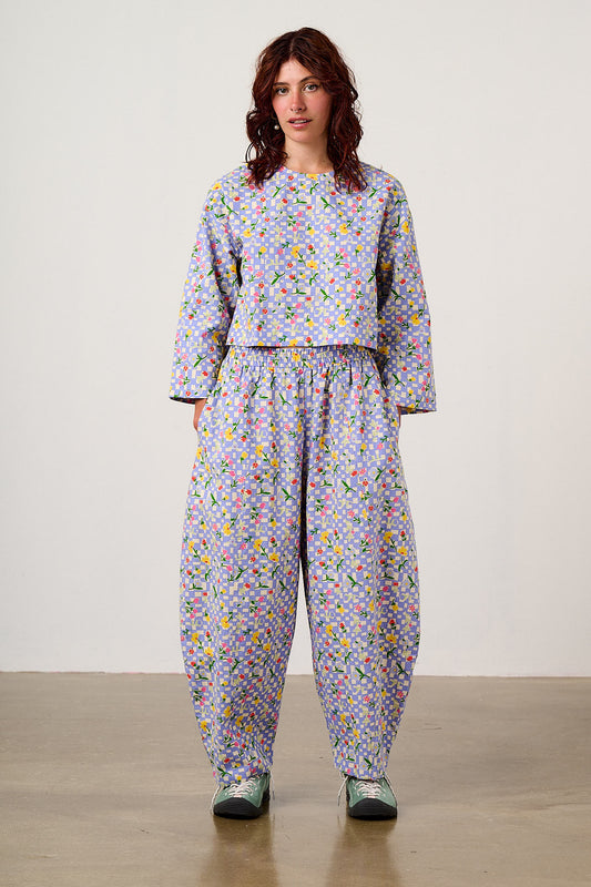 Obregon - Cotton Barrel Leg Trousers in Ditsy Checkerboard Floral