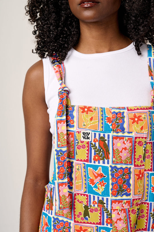 Original Shorts - Cotton Dungarees Shorts in Birds & Flowers Square Tile