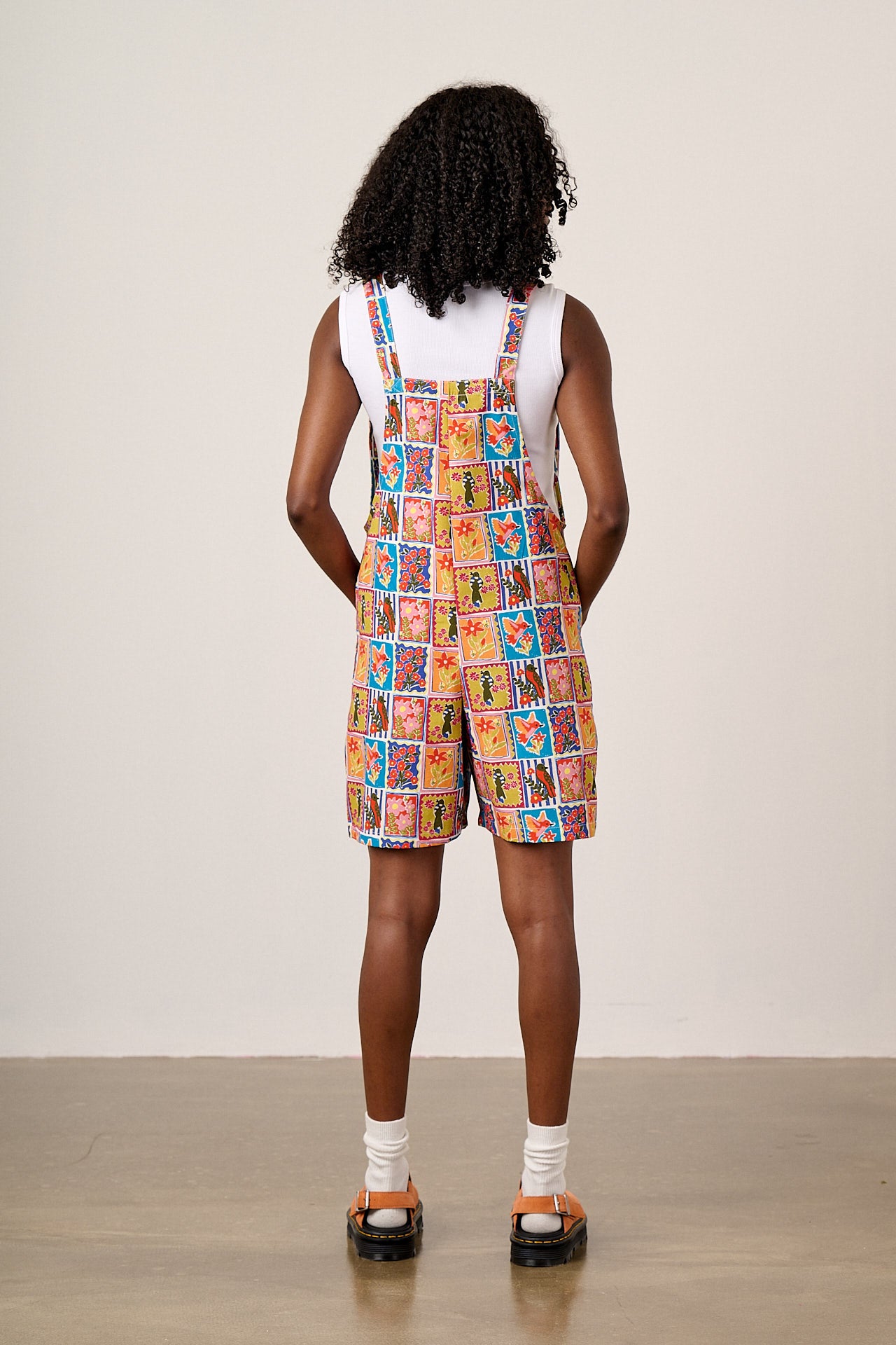 Original Shorts - Cotton Dungarees Shorts in Birds & Flowers Square Tile