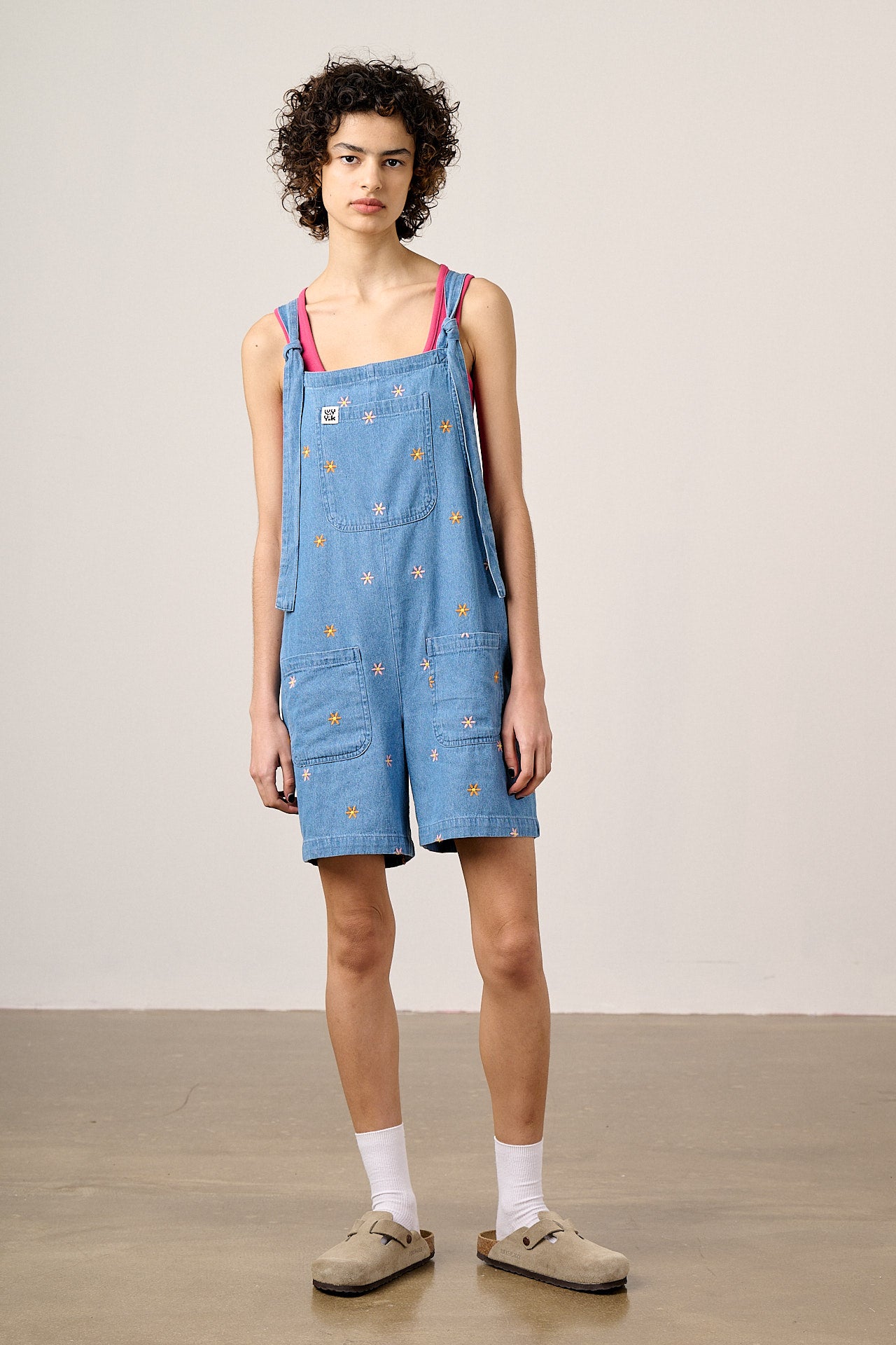 IMPERFECT - Original Dungaree Shorts - Cotton Dungaree Shorts in Light Blue with Floral Embroidery