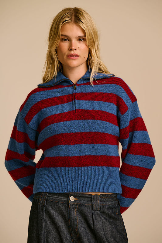 Oscar - Half Zip Jumper in Burgundy & Blue Stripe