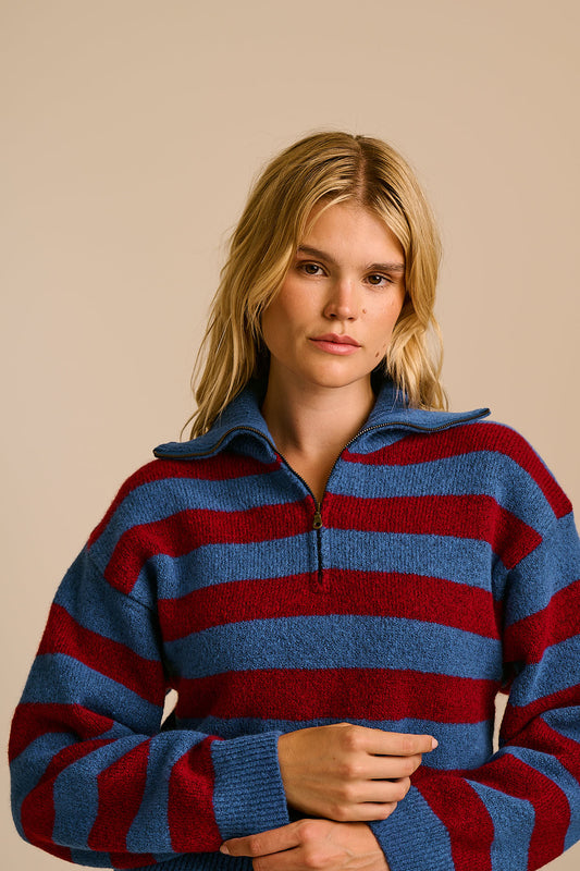 Oscar - Half Zip Jumper in Burgundy & Blue Stripe