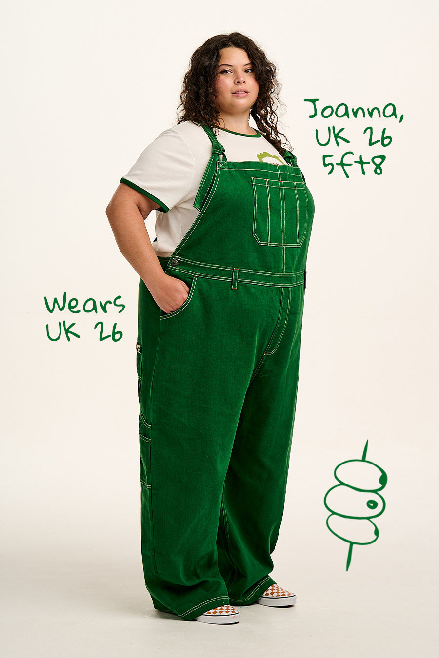 Mullen - Cotton Dungarees in Green Contrast Stitch
