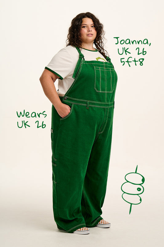 Mullen - Cotton Dungarees in Green Contrast Stitch