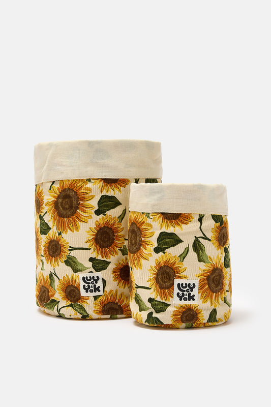 Runa - Plant Pot Covers in Cotton Cream Sunflower Print (2 Pack)