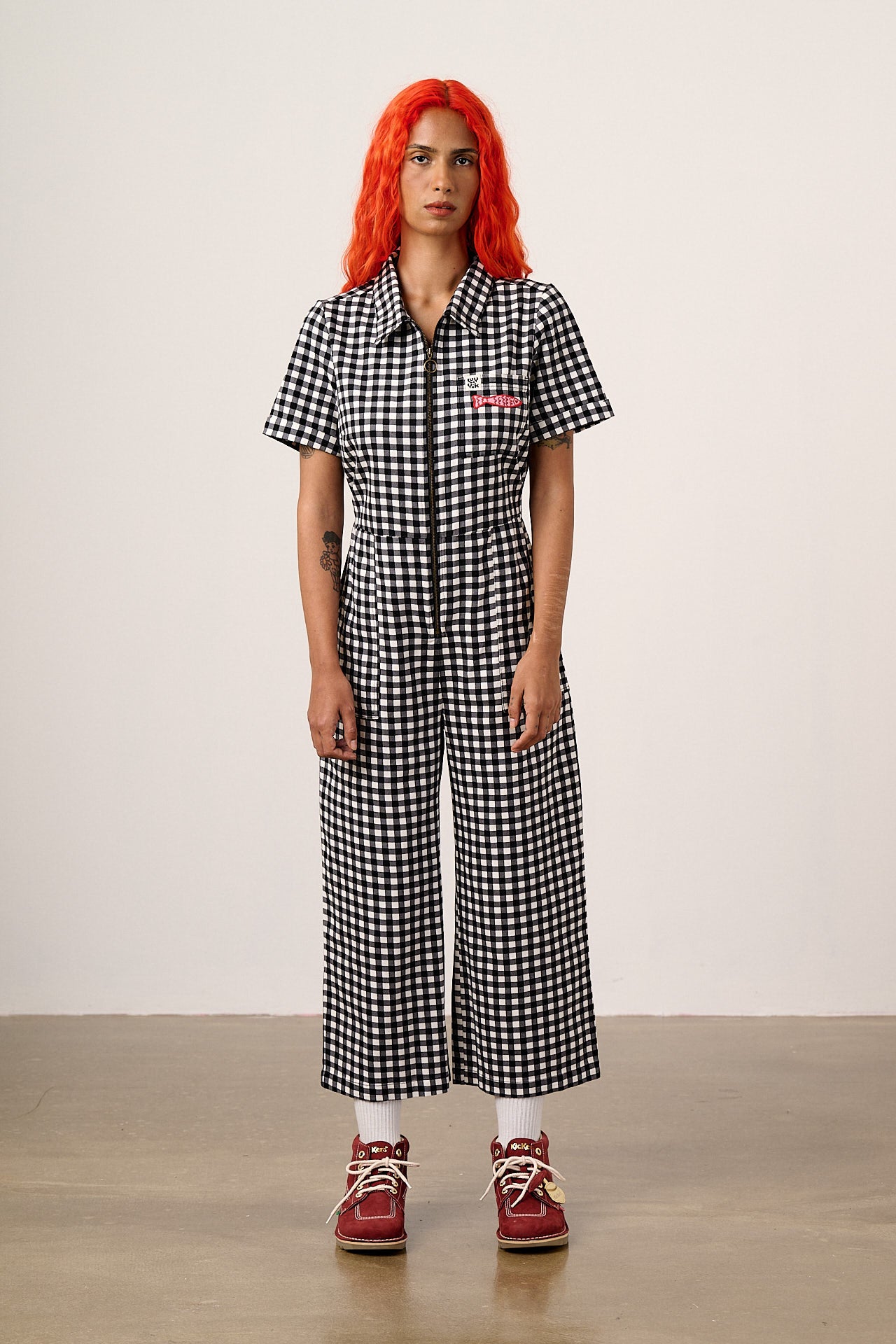 Ragan - Cotton Jumpsuit in Black & White Gingham Fish Embroidery