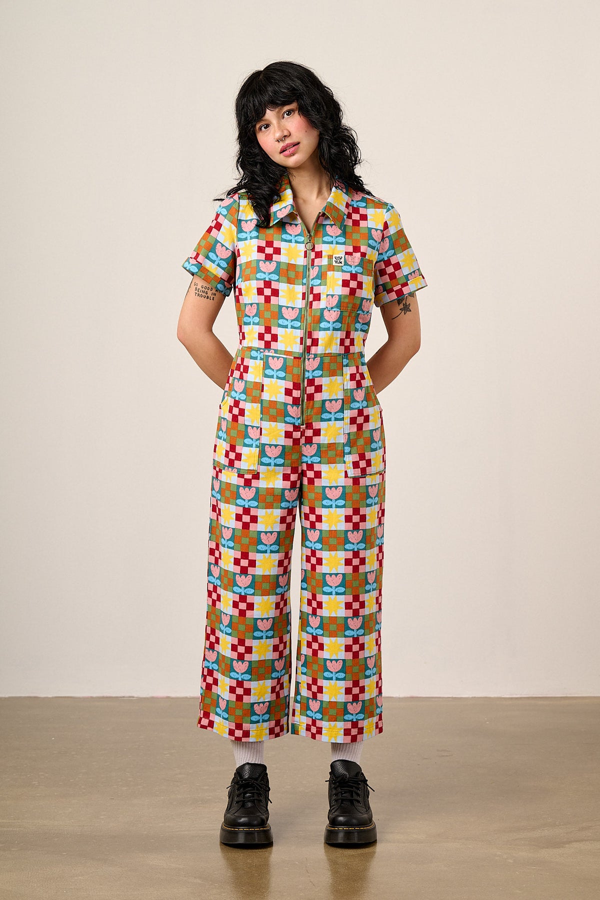 Ragan - Cropped Leg Jumpsuit Organic Cotton Twill in Cosmic Folk Tulip Print