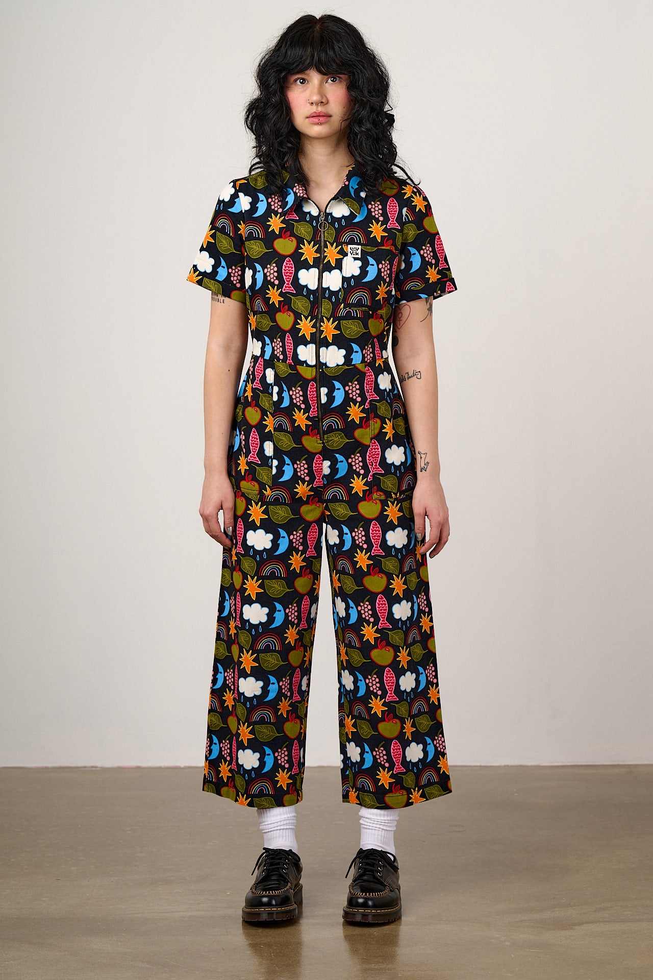 Ragan Cropped Leg Jumpsuit - Organic Cotton Twill in Naive Shapes