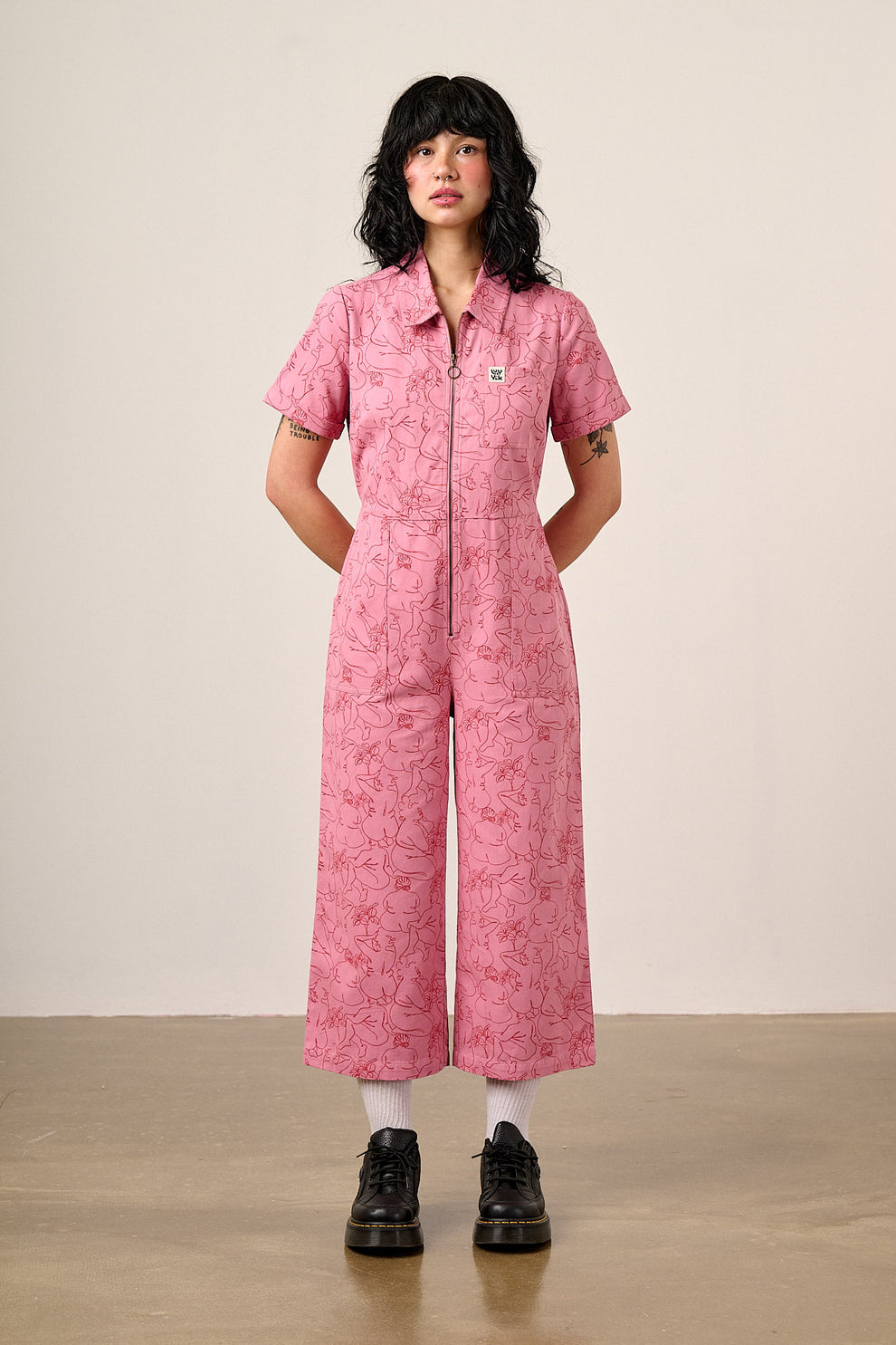 Lucy & Yak Ragan Cotton Jumpsuit in Pink Bodies Print