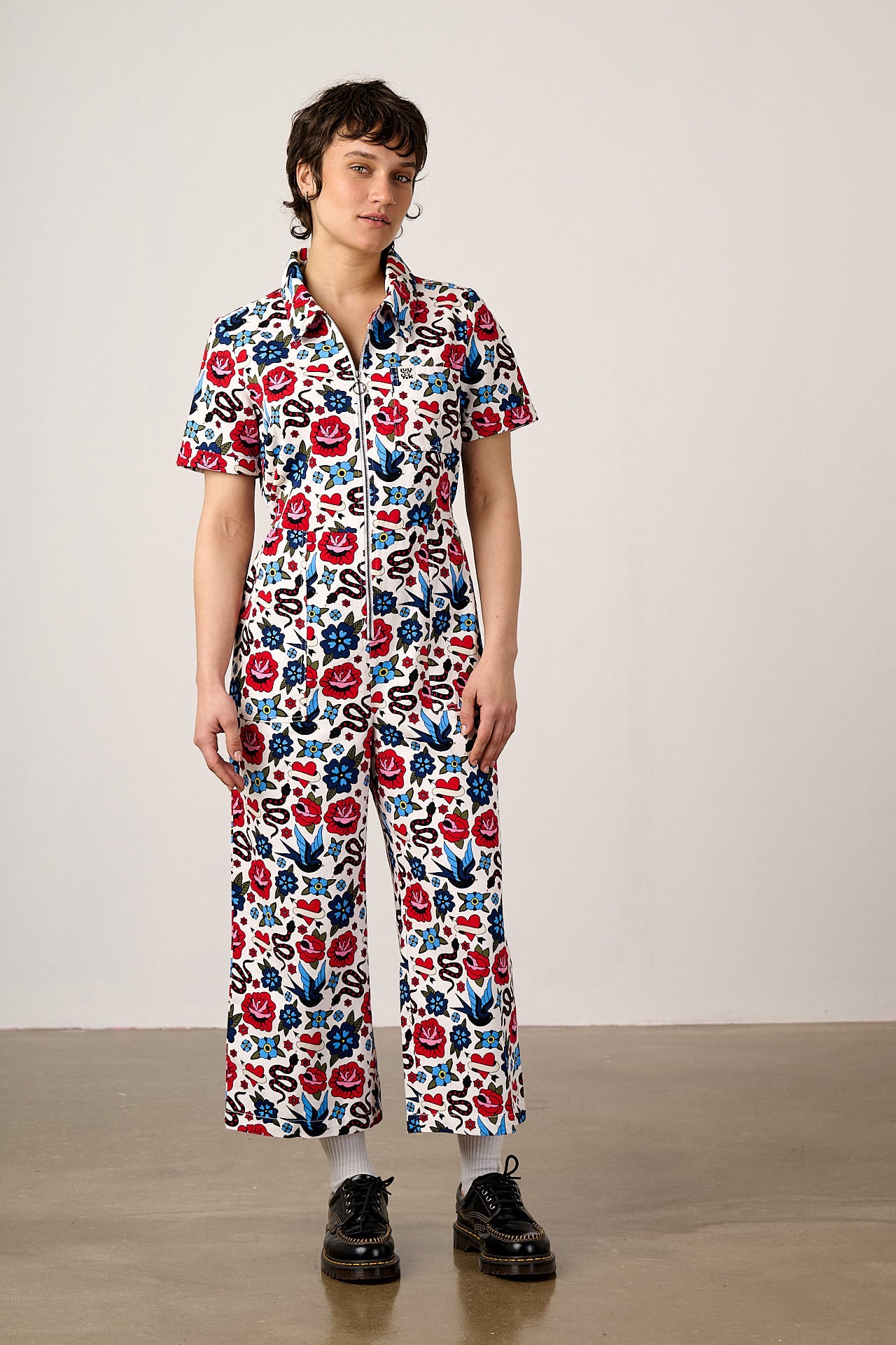 Ragan - Cotton Jumpsuit in Multi Coloured Tattoo Print