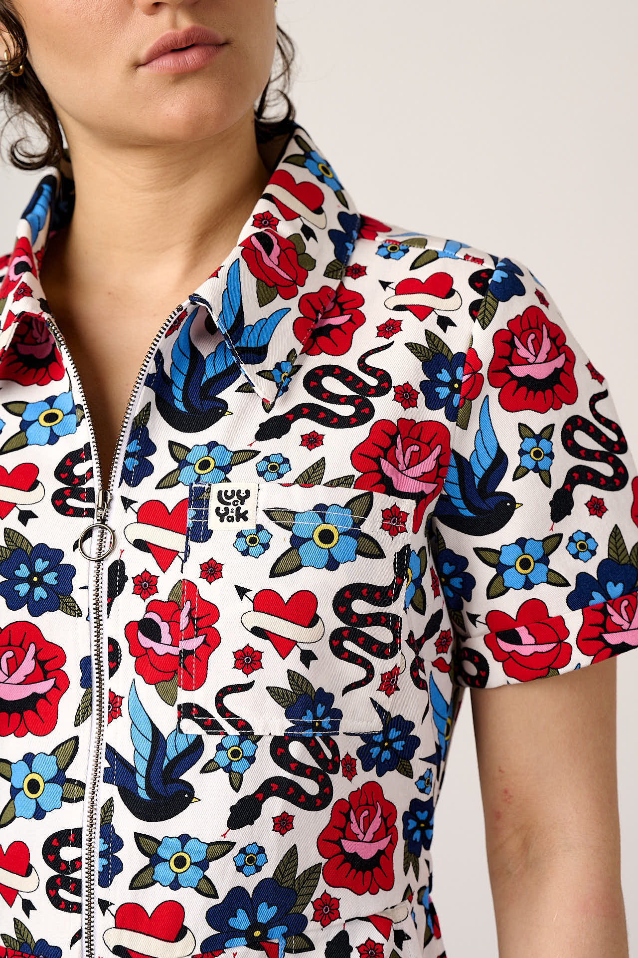 Ragan - Cotton Jumpsuit in Multi Coloured Tattoo Print