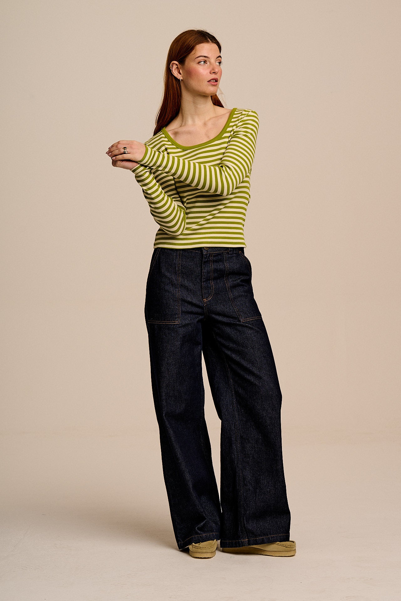 Remy - Ribbed Cotton Scoop Neck Long Sleeve Top in Green & Ecru Stripe