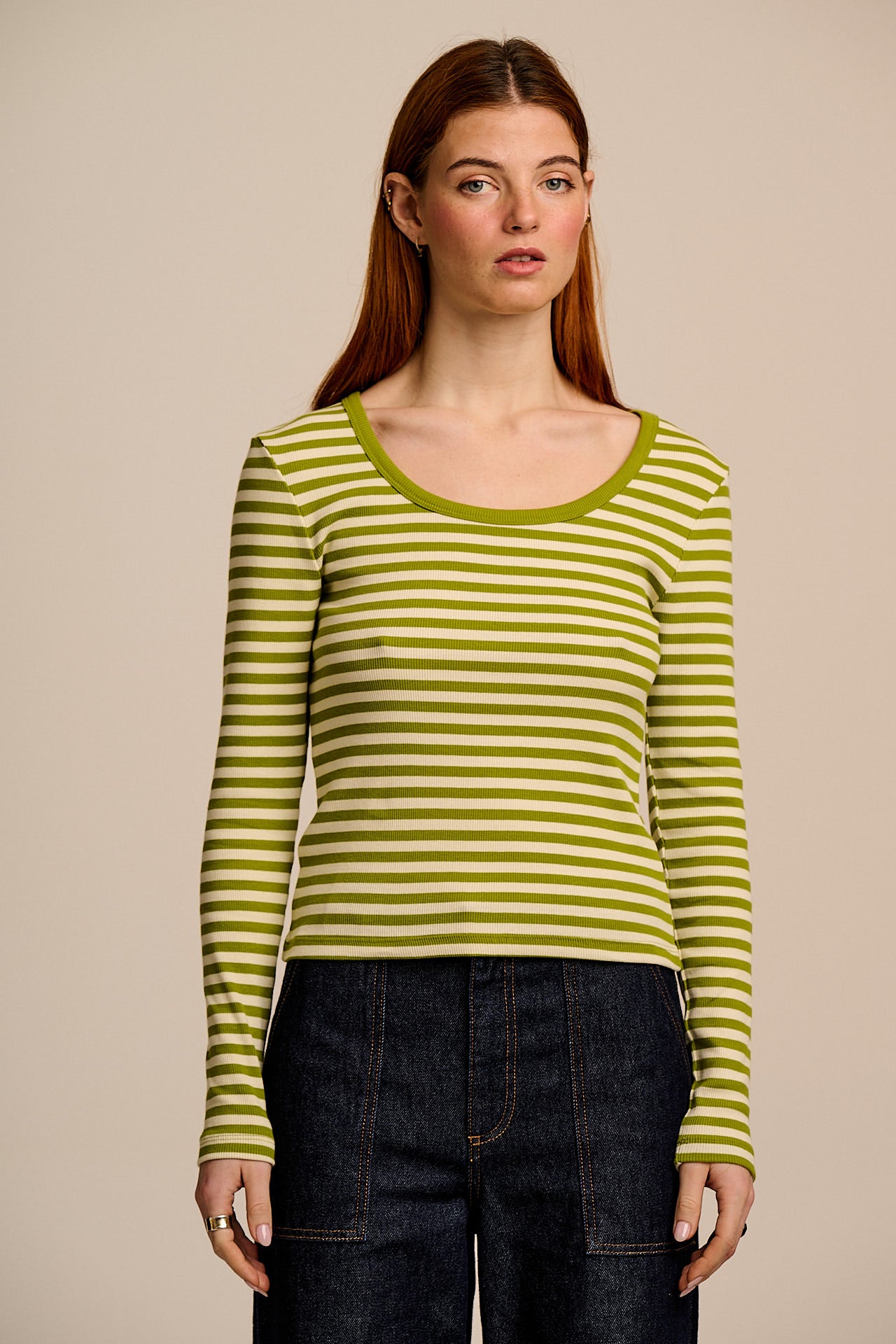Remy - Ribbed Cotton Scoop Neck Long Sleeve Top in Green & Ecru Stripe