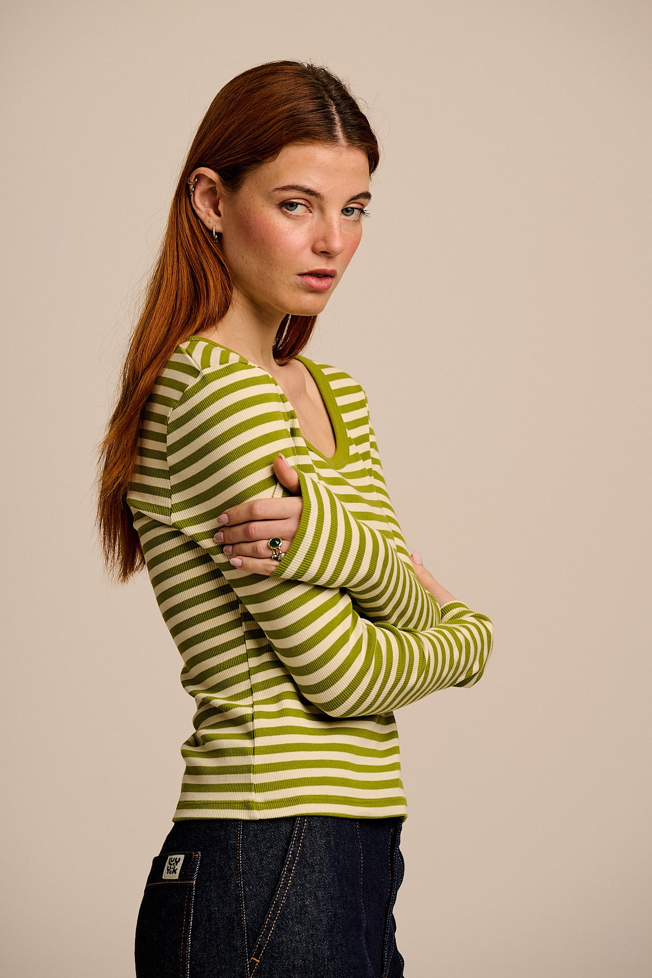 Remy - Ribbed Cotton Scoop Neck Long Sleeve Top in Green & Ecru Stripe