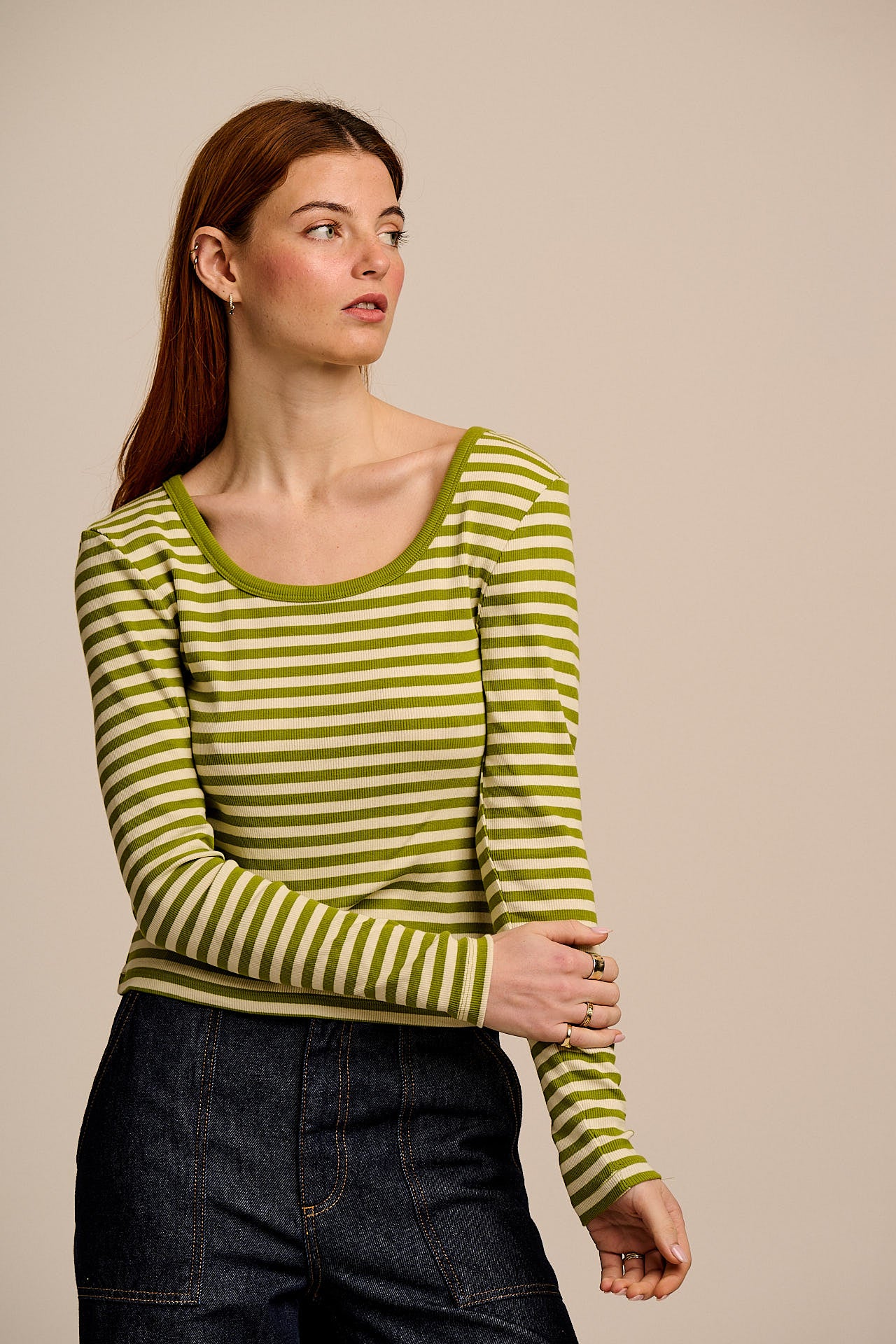 Remy - Ribbed Cotton Scoop Neck Long Sleeve Top in Green & Ecru Stripe