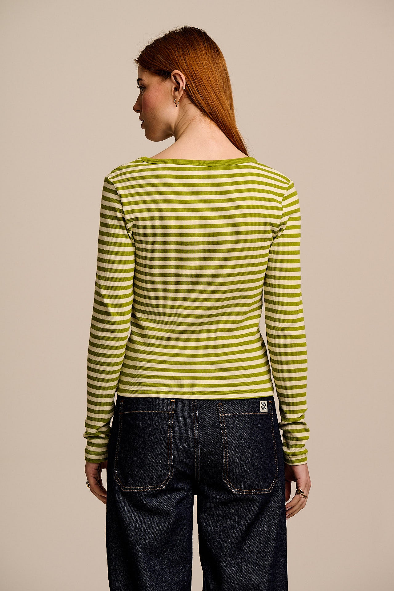 Remy - Ribbed Cotton Scoop Neck Long Sleeve Top in Green & Ecru Stripe