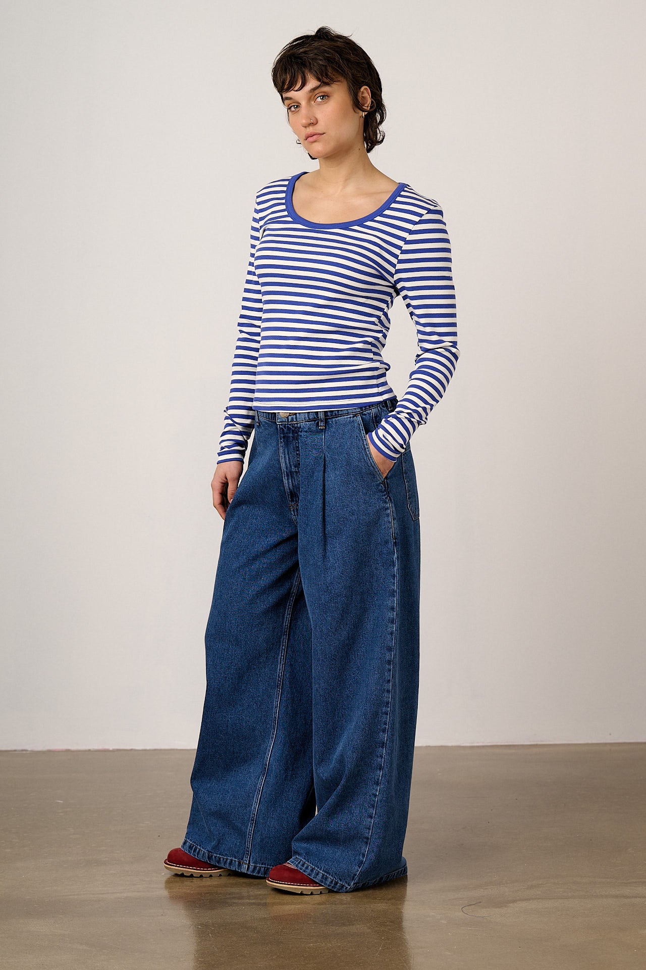 Remy - Ribbed Cotton Scoop Neck Long Sleeve Top in Blue & White Stripe