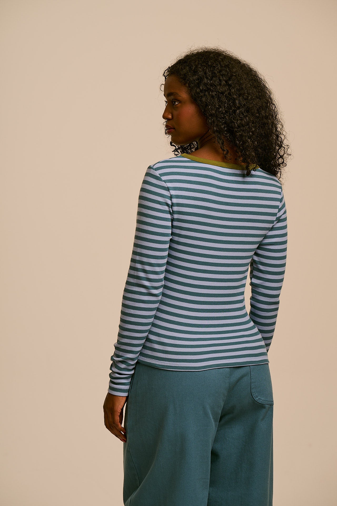 Remy - Ribbed Cotton Scoop Neck Long Sleeve Top in Blue Stripe