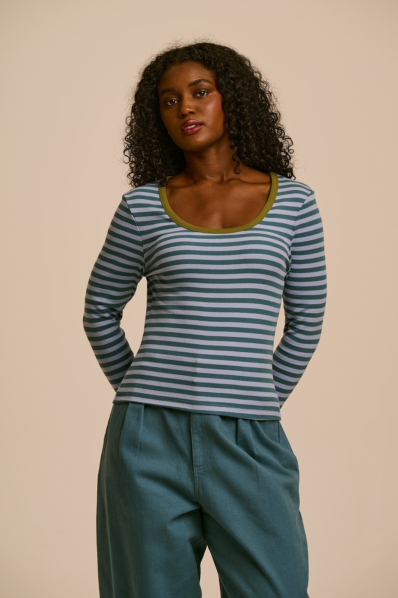 Remy - Ribbed Cotton Scoop Neck Long Sleeve Top in Blue Stripe