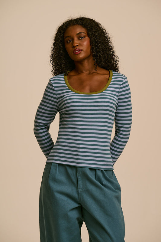 Remy - Ribbed Cotton Scoop Neck Long Sleeve Top in Blue Stripe (IMPERFECT)