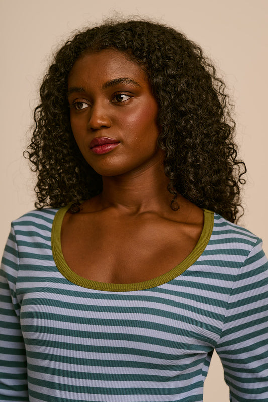 Remy - Ribbed Cotton Scoop Neck Long Sleeve Top in Blue Stripe (IMPERFECT)