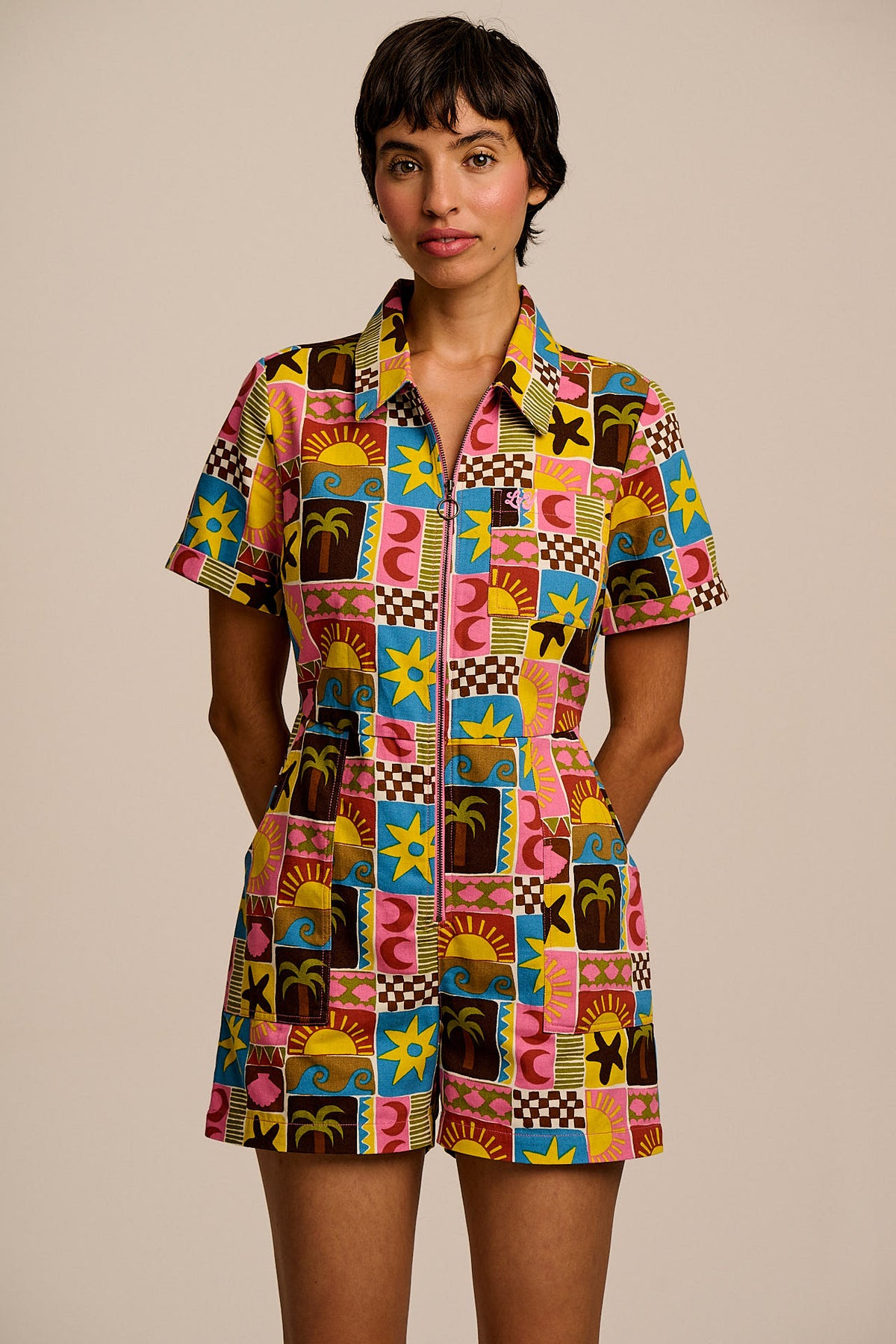 Riley Cotton Playsuit Coastal Tile