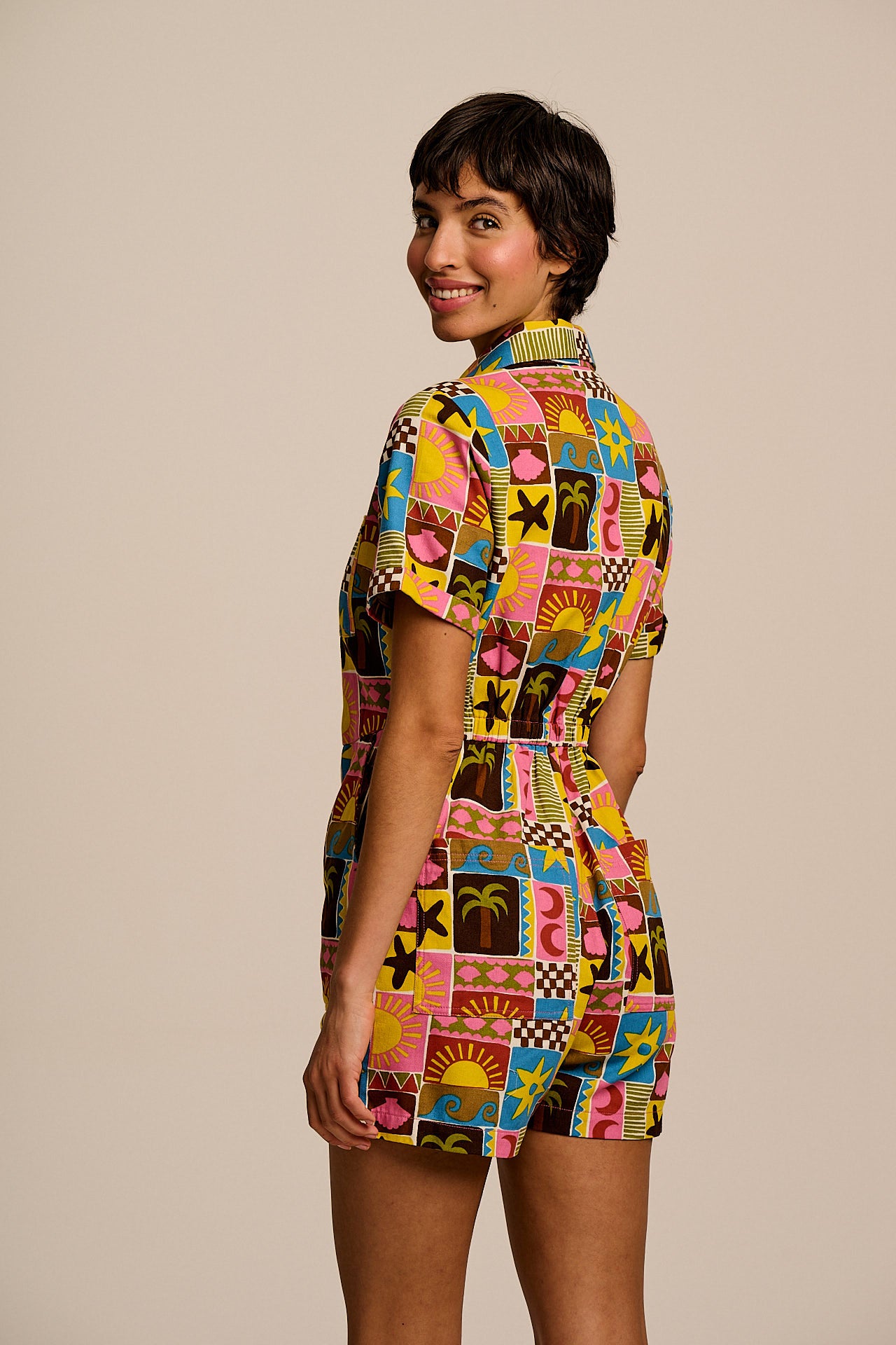 Riley - Cotton Playsuit in Multi Coastal Tile