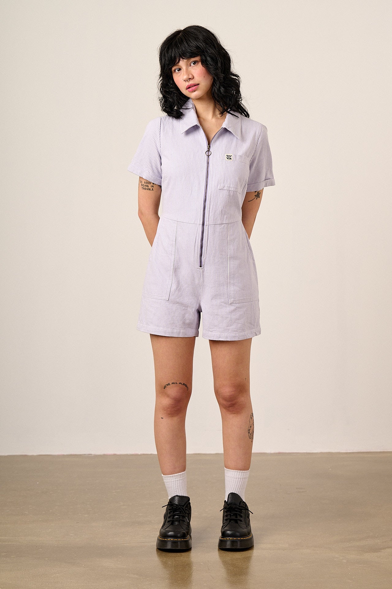 Riley - Cotton Playsuit in Lilac Hickory Stripe – Lucy & Yak