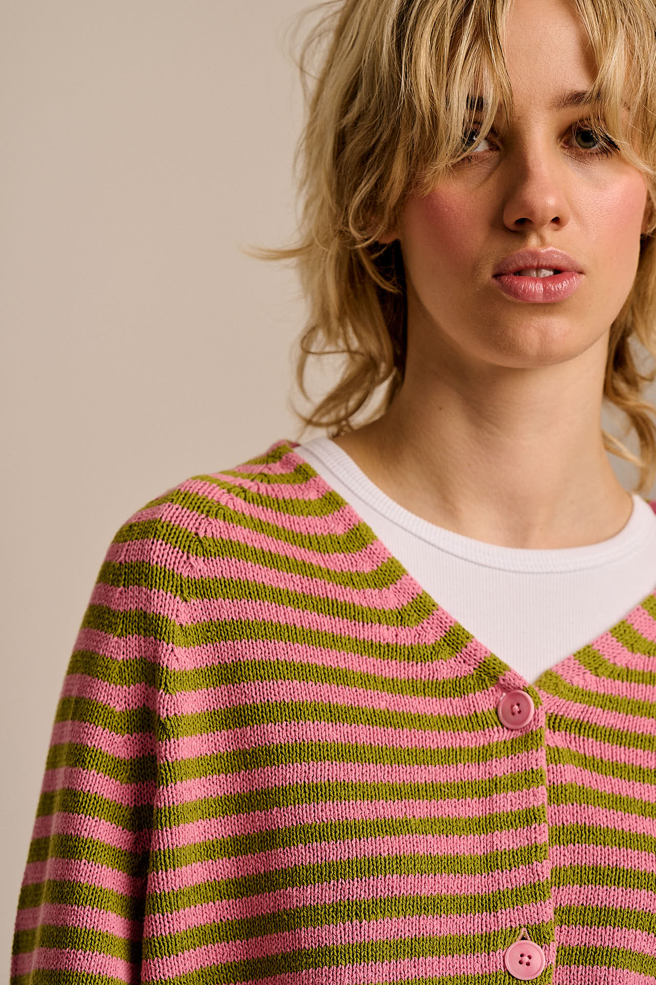 Robyn - V-Neck Cotton Cardigan in Green & Pink Stripe