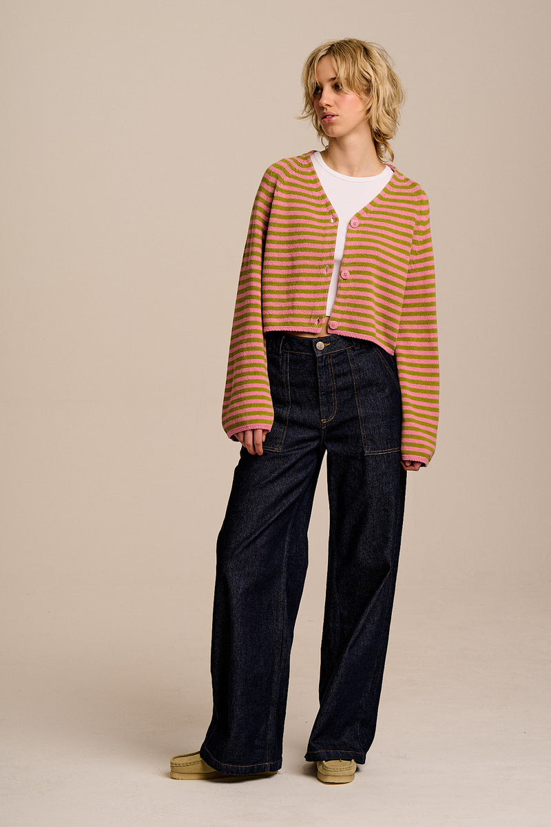 Robyn - V-Neck Cotton Cardigan in Green and Pink Stripe