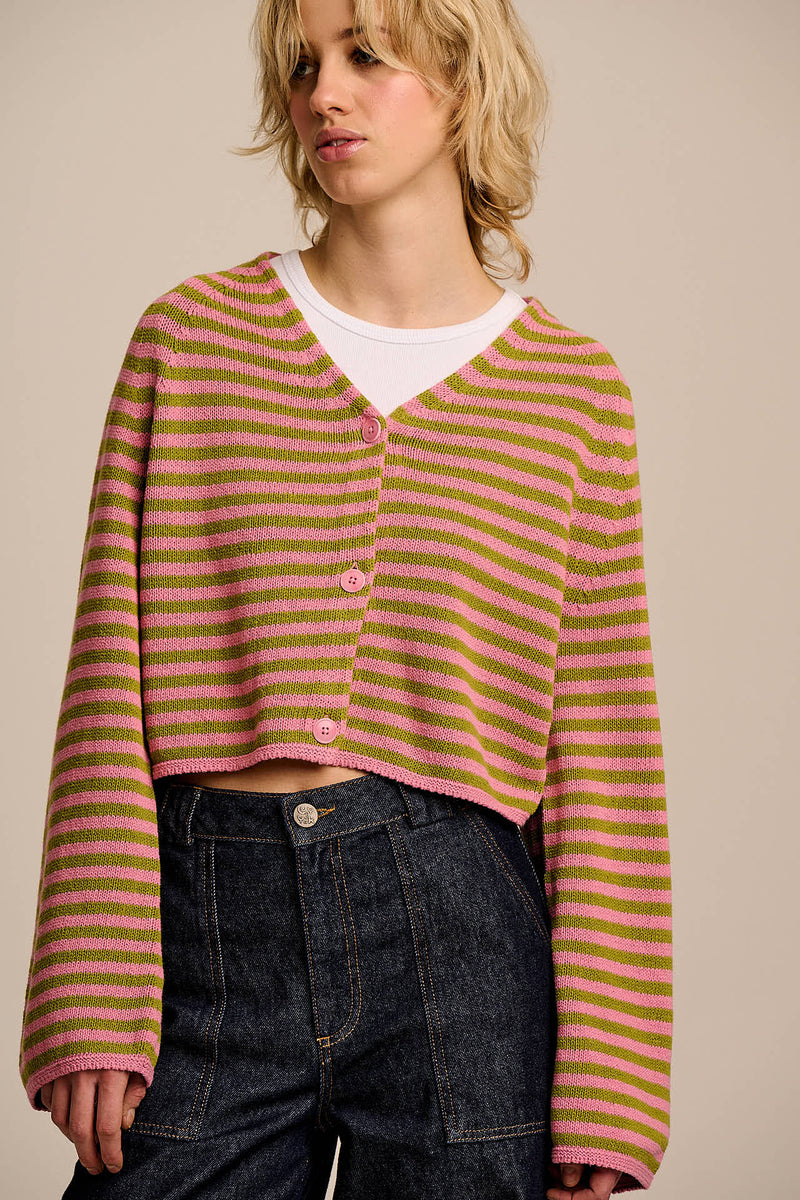 Robyn - V-Neck Cotton Cardigan in Green and Pink Stripe