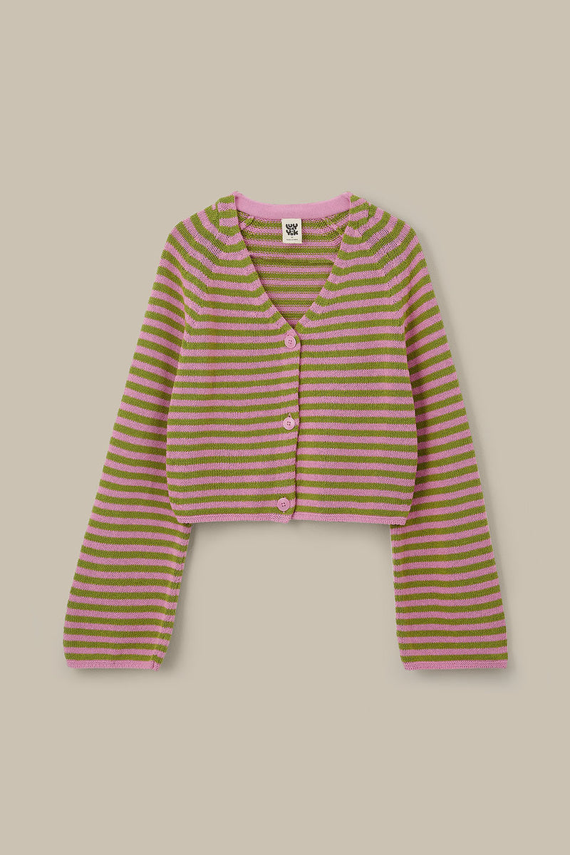 Robyn - V-Neck Cotton Cardigan in Green and Pink Stripe