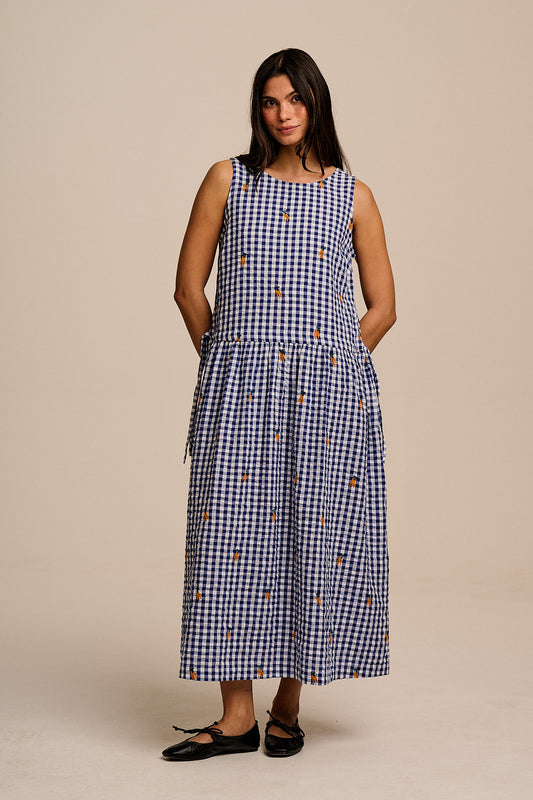 Sacha - Cotton Midi Dress in Gingham Carrot Embroidery