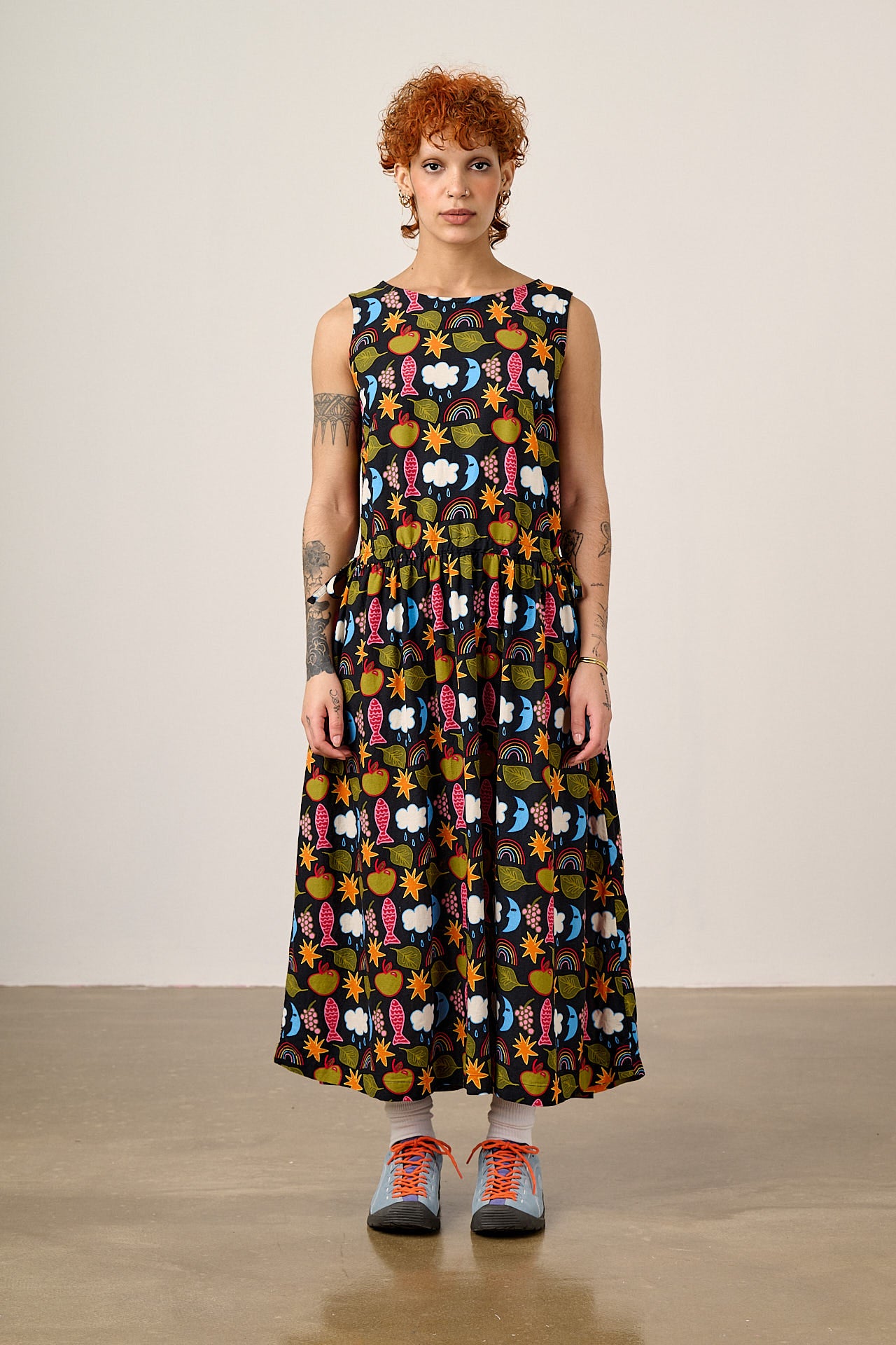 Sacha - Cotton & Viscose Midi Dress in Naive Shapes Print