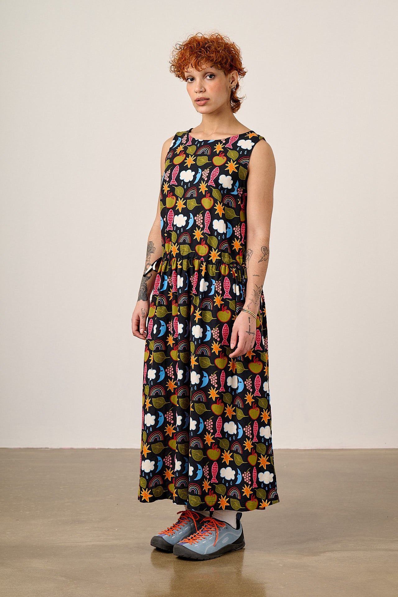 Sacha - Cotton & Viscose Midi Dress in Naive Shapes Print