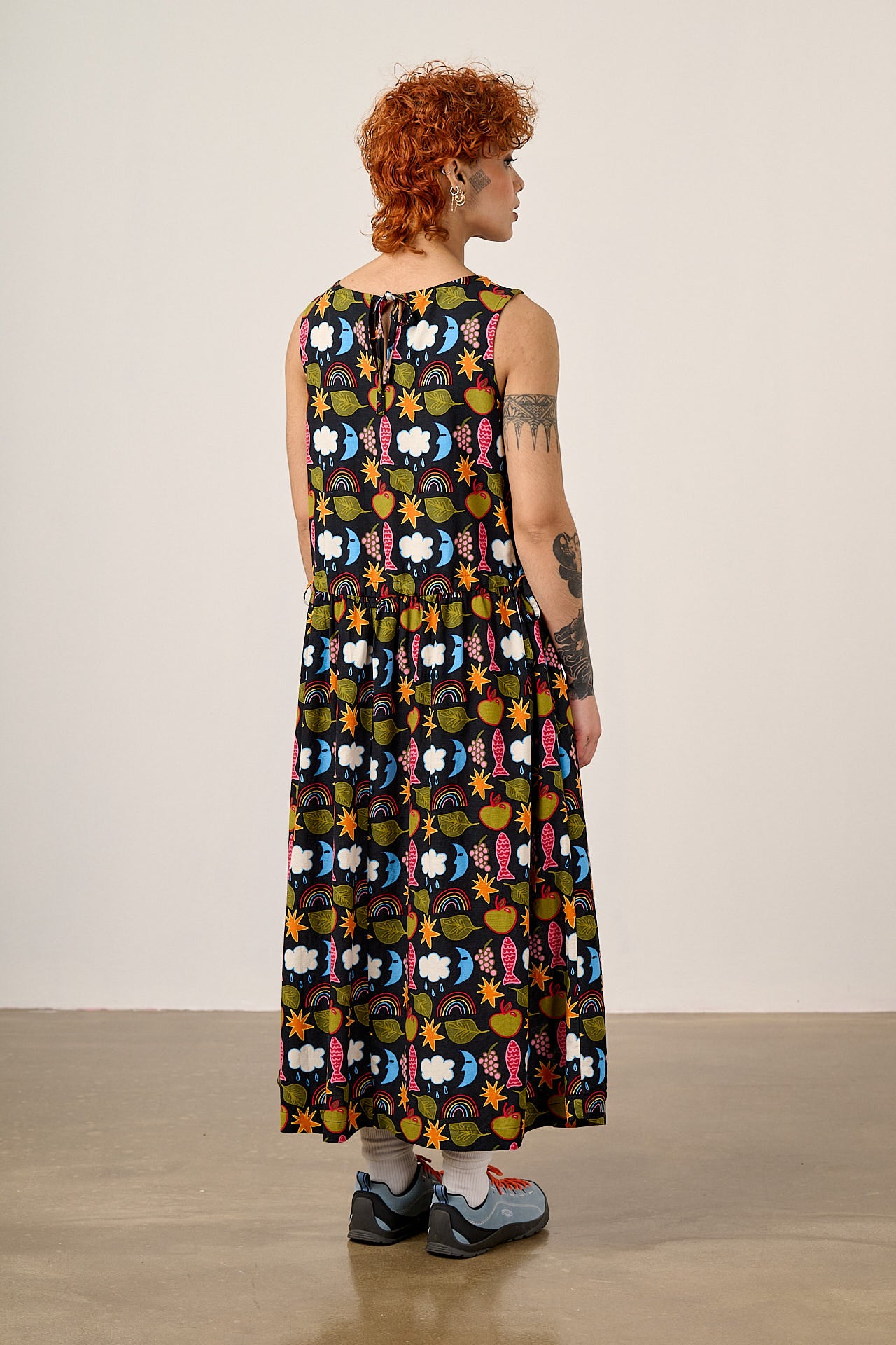 Sacha - Cotton & Viscose Midi Dress in Naive Shapes Print