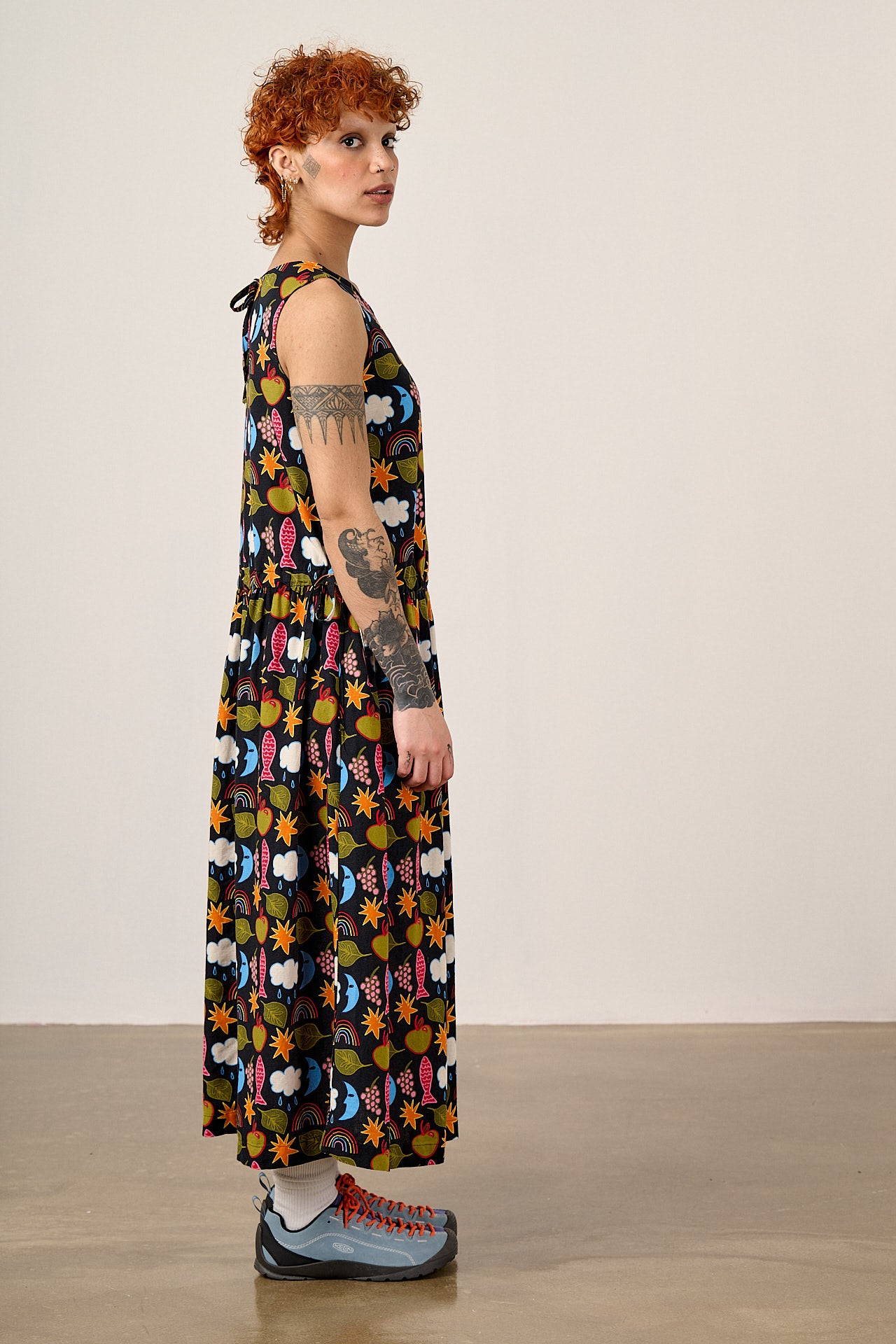 Sacha - Cotton & Viscose Midi Dress in Naive Shapes Print